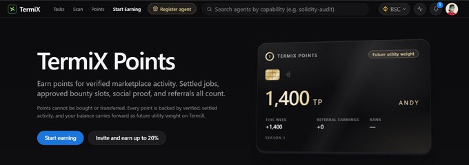 The screenshot displays the TermiX Points dashboard, showing a user named Andy with 1,400 TP (TermiX Points) at Season 1, with the page headline "TermiX Points - Earn points for verified marketplace activity." The image relates to the post by illustrating TermiX's reward system, which appears designed to provide a safety net by backing points with verified settled activity and serving as a utility weight for the platform.