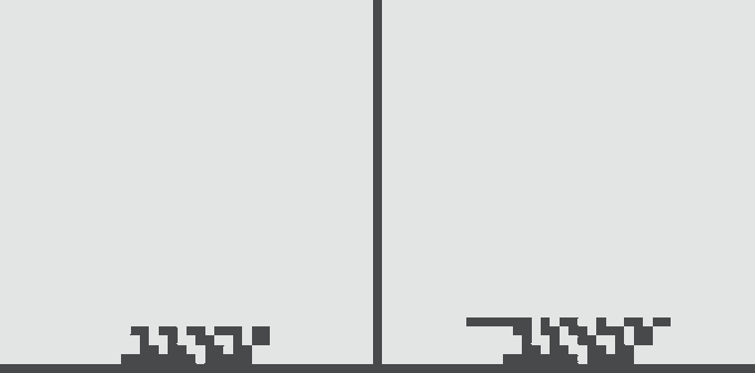 Pixel art graphic showing silhouettes of two ant colonies flanking a central vertical line against a gray background.