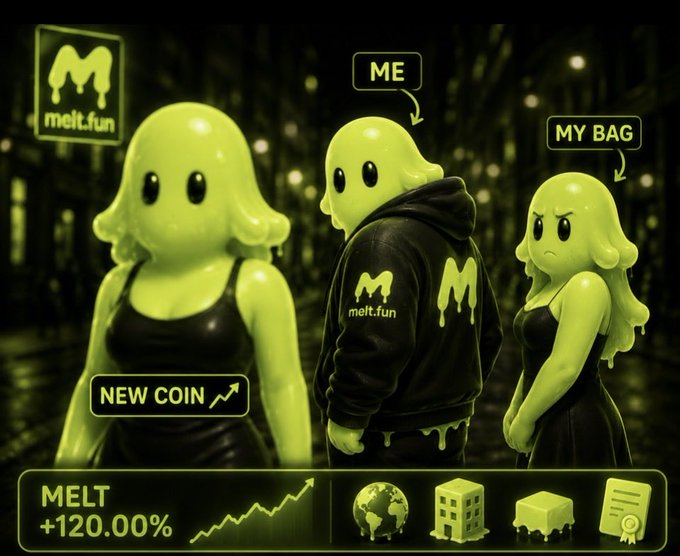 Three green slime-like characters are labeled "ME," "MY BAG," and "NEW COIN," set against a dark background with the "melt.fun" logo, while a banner at the bottom shows "MELT +120.00%" alongside an upward trend chart. The image captures the classic crypto trader's dilemma of being emotionally attached to current holdings ("MY BAG") while eyeing the next opportunity ("NEW COIN")—perfectly illustrating the irony of chasing gains elsewhere while stubbornly holding onto underperforming positions.