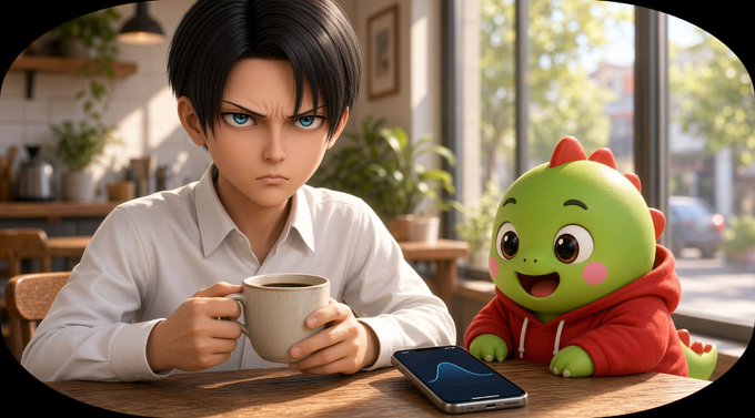 An anime-style illustration shows a serious young man with dark hair holding a coffee mug at a cafe table, with a cute green dinosaur-like creature in a red hoodie beside him.