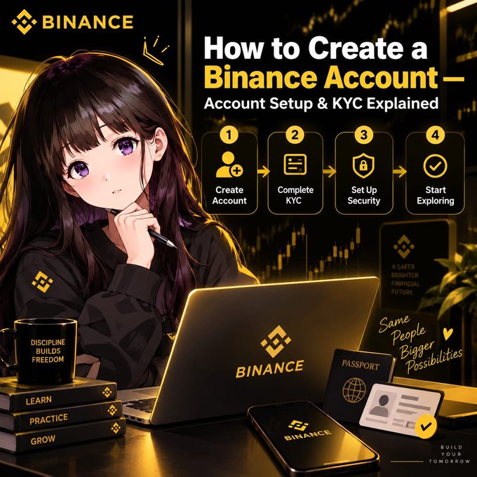 A Binance promotional graphic titled 'How to Create a Binance Account' explains the setup process in 4 steps: Create Account, Complete KYC, Set Up Security, Start Exploring, featuring an anime-style character.