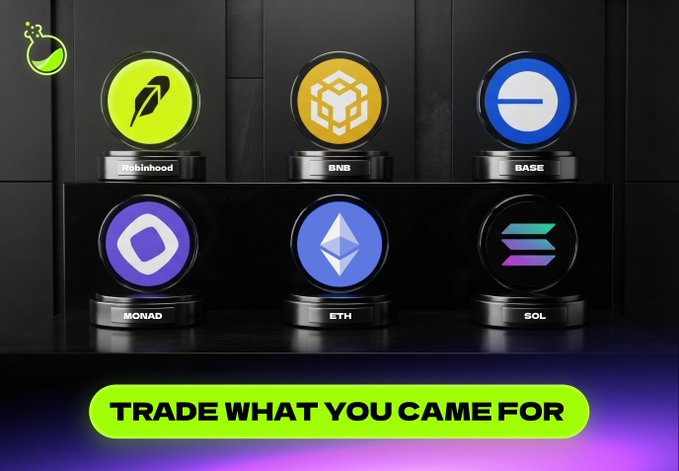 An advertisement displaying cryptocurrency tokens—Robinhood, BNB, BASE, MONAD, ETH, and SOL—on black pedestals, with a green banner reading 'TRADE WHAT YOU CAME FOR' at the bottom.