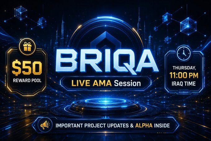 The image shows a poster with an advertisement promoting Briqua, a company that specializes in Real World Asset Management (RWA). The poster features a large blue circle that contains the text "Briqa" written in white. The background of the poster is black and filled with illustrations related to Bitcoin transactions, indicating that this could be a workshop or event centered around RWA and Crypto technology. There are also three clocks placed at different locations on the poster, which might symbolize the importance of time management when it comes to investing and managing assets in real-world markets. The post suggests an exclusive AMA where people can learn more about RWA and potentially gain insights from specialists like Briqa.