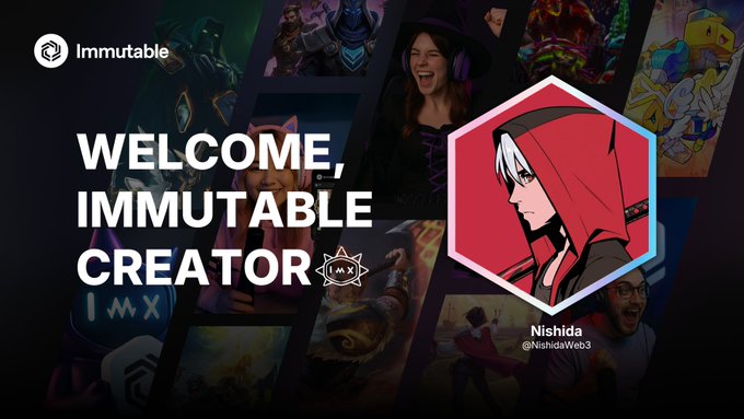 A promotional graphic welcoming 'Nishida (@NishidaWeb3)' as a creator on the Immutable platform, displayed over a collage of digital art images.