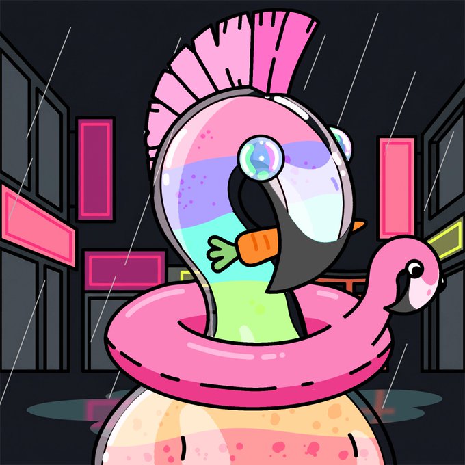 A colorful cartoon illustration featuring a stylized bird-like character with a tall pink mohawk, a transparent dome head filled with liquid and bubbles, wearing a pink flamingo inflatable ring, set against a neon-lit rainy city backdrop.