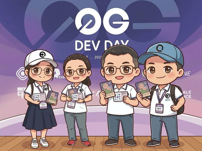 An illustration of four cartoon characters wearing QGC-branded attire at a 'QG DEV DAY 2025' event, holding tickets.