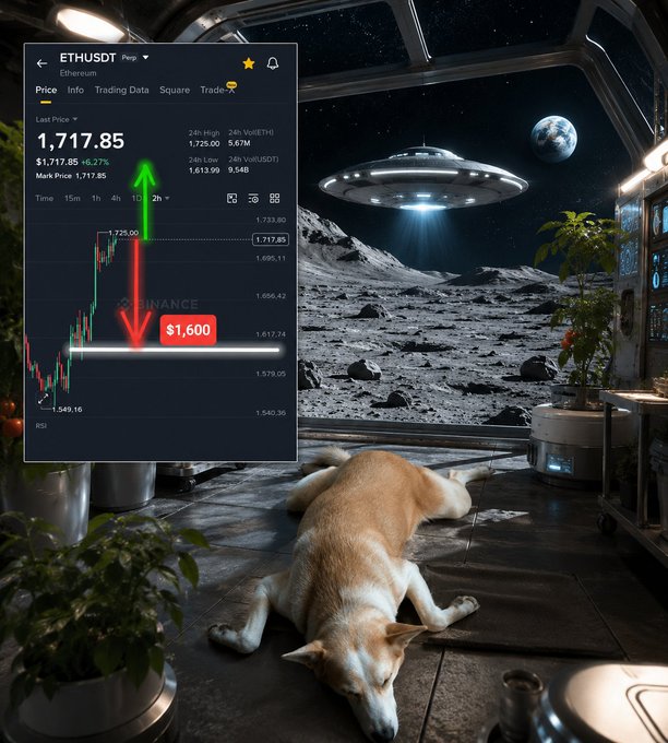 A Shiba Inu dog lying on the floor of a futuristic space station with a view of Earth, overlaid with an ETHUSDT price chart showing a price of 1,717.85 and a marked target of $1,600.