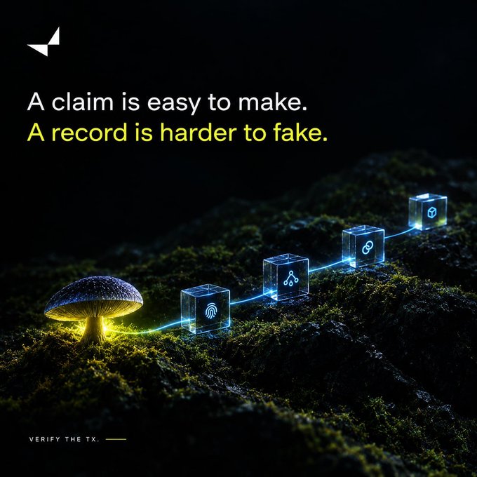 A dark digital advertisement with the text 'A claim is easy to make. A record is harder to fake.' featuring glowing cubes connected by a light beam on a mossy surface, with 'VERIFY THE TX.' at the bottom.
