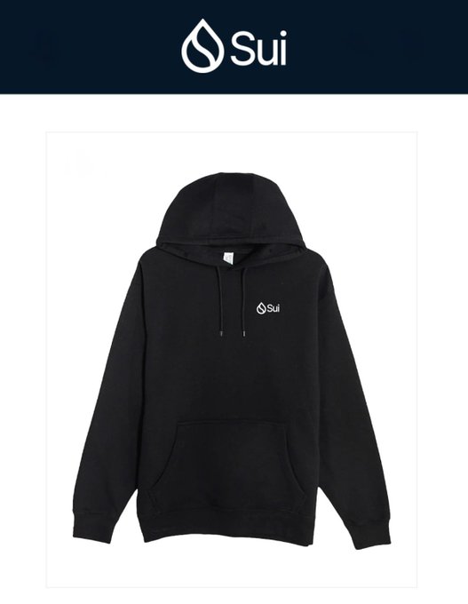 A product image of a black hoodie featuring the 'Sui' logo on the chest, displayed under a Sui branded header.