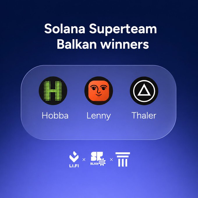 The image features a blue background with white text that reads "SOLANA SUPERTEAM BALKAN WINNERS" at the top, followed by three logos representing different teams from the Balkan Superteam of LI.FI Frontier track. The first logo is an orange face, the second one is a black triangle, and the third one is a white square with a blue border. Below these logos are the names of the teams: "HOBBA", "LENNY", and "THALER". The text at the bottom of the image states that the track has been in 8 teams across multiple prediction markets, lending, escrow payments, and onchain yield, and that the quality of their products was high.