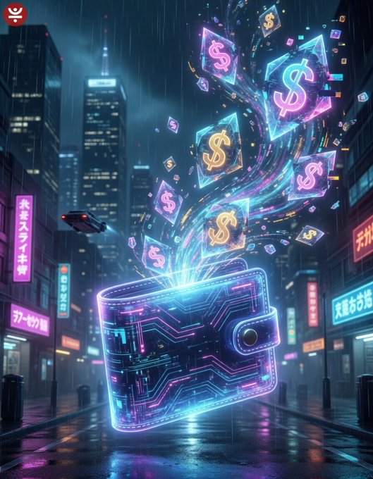 A digital wallet in a rainy cyberpunk city emits glowing holographic dollar signs, with a small red logo in the corner.