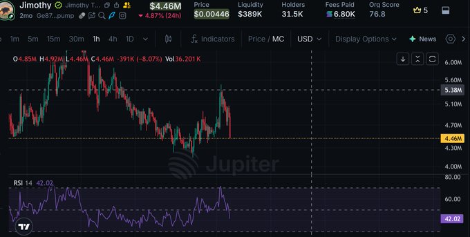 A TradingView chart for the Jimothy token shows a price of $0.00446, a market cap of $4.46M, and an RSI of 42.02, with Jupiter watermarked on the price action.