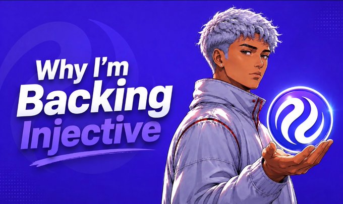 A stylized promotional graphic with the text 'Why I'm Backing Injective,' showing an illustrated character with blue hair holding a glowing blue Injective logo.
