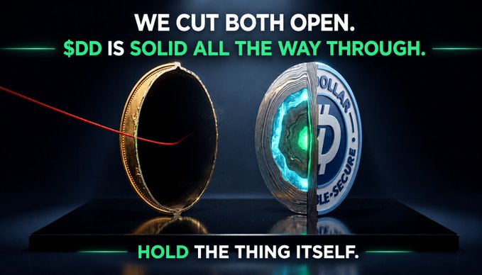 A promotional graphic with text 'WE CUT BOTH OPEN. $DD IS SOLID ALL THE WAY THROUGH. HOLD THE THING ITSELF.' showing two halves of a cut-open '$DOLLAR SECURE' coin revealing a green glowing core.