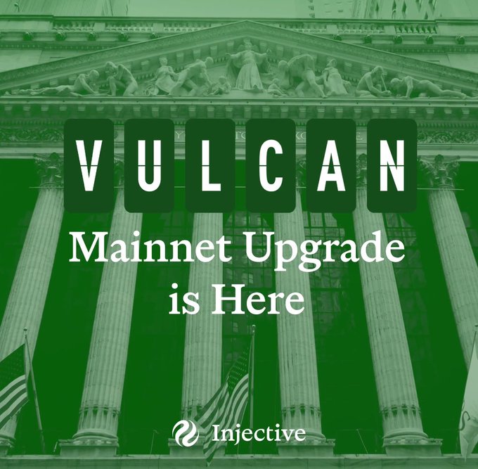 The image features a green building with columns and a dome, which serves as the backdrop for an advertisement promoting a cryptocurrency project called "Vulcan Mainnet Upgrade". The text above the image reads "Vulcan Mainnet Upgrade", indicating that this is the main focus of the advertisement. Below the image, there's some text that says "a lot of crypto projects talk about being built for finance we hear it daily but very few actually upgrade their infrastructure to handle it at scale". This message emphasizes the importance and relevance of the project being advertised.