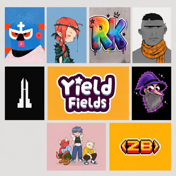 A grid displaying nine colorful artwork tiles corresponding to the wishlisted NFT projects tagged in the post, featuring logos for THEBUFOS, a red-haired elven character for WastelandRH, graffiti-style "RK" lettering for therebelkins, a character labeled "HONZO" from honzomomo, a white "X" logo for standard_rsv, "Yield Fields" text, a purple wizard for pko_nft, blue-haired anime characters for zec_bit, and a pixelated "28" design for RpgOnchain.