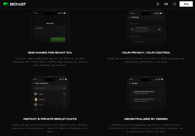 A promotional screenshot for the 'BChat' app highlights features including 'BNS NAMES FOR BCHAT ID's', 'YOUR PRIVACY, YOUR CONTROL', 'INSTANT & PRIVATE GROUP CHATS', and 'DECENTRALIZED BY DESIGN'.