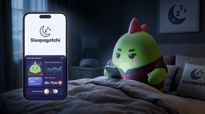 A promotional image for a 'Sleepagotchi' sleep app showing a phone interface with a sleep consistency score and an 8h 15m total sleep stat, alongside a cartoon green character on a bed.