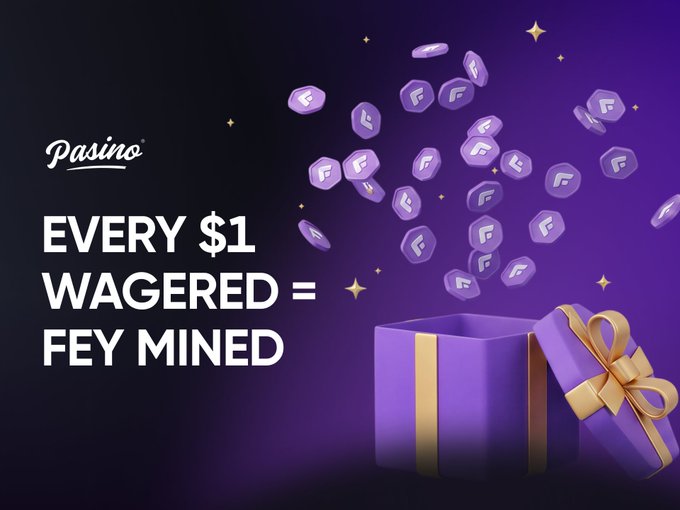 A promotional graphic for Pasino Casino stating 'EVERY $1 WAGERED = FEY MINED' with an illustration of purple FEY tokens emerging from a gift box.