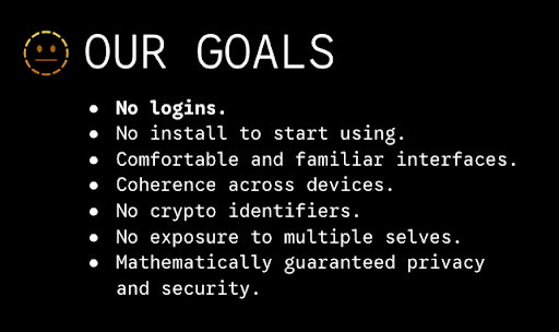A presentation slide titled 'OUR GOALS' with a robot emoji lists bullet points including 'No logins.', 'No install to start using.', 'Comfortable and familiar interfaces.', and 'Mathematically guaranteed privacy and security.'