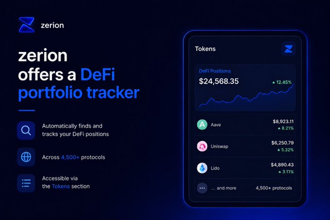 A promotional graphic for the Zerion wallet highlights its "DeFi portfolio tracker" feature, showing a tokens list including Aave, Uniswap, and Lido with their respective values.