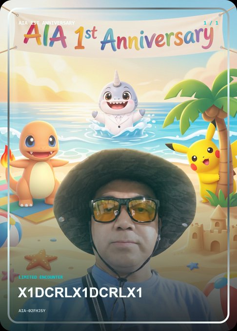 A person wearing a hat and yellow glasses taking a selfie at an 'AIA 1st Anniversary' event, featuring Pokemon characters and a code 'X1DCRLX1DCRLX1'.
