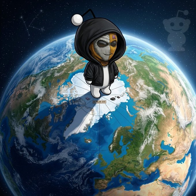 A Reddit Snoo mascot wearing a black hoodie and pixelated Anonymous-style mask hovers over the North Pole of Earth, with a small "N POLAR AXIS" label visible on the globe below, and a translucent Reddit logo watermark in the upper right corner. The masked, hoodie-clad character symbolizes the anonymous and community-driven spirit of the Reddit giveaway, fitting the post's hopeful entry from user "Philipmaria" hoping to win and help pump the project.