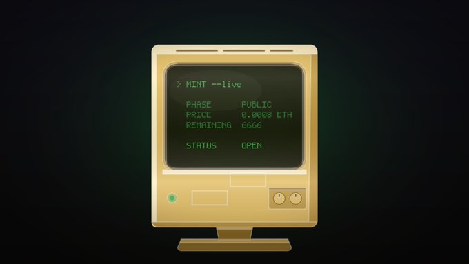 A retro-styled beige computer monitor displays a terminal-style minting screen showing "> MINT --live" with details including PHASE: PUBLIC, PRICE: 0.0008 ETH, REMAINING: 6666, and STATUS: OPEN, visually promoting the live public mint referenced in the post.