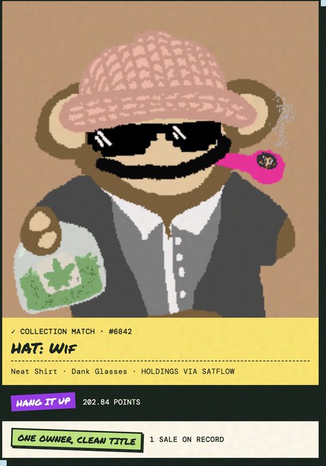 An NFT-style digital artwork titled 'HAT: WIF' depicting a brown cartoon character wearing a pink knit hat and dark glasses, holding a money bag, labeled as 'COLLECTION MACH #842'.