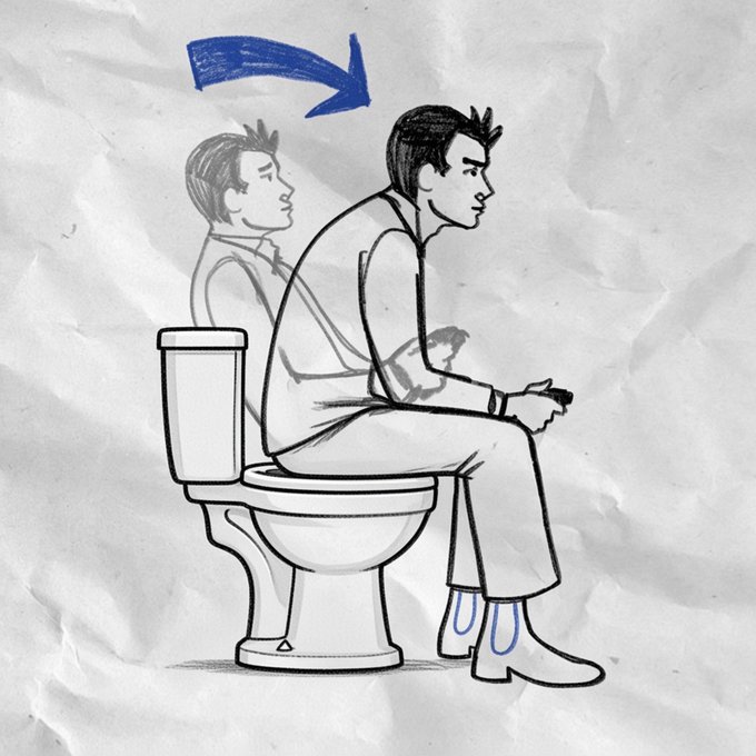 A sketch on crumpled paper showing a man sitting on a toilet playing a video game, with a faded reflection of himself behind him and a blue arrow pointing right.