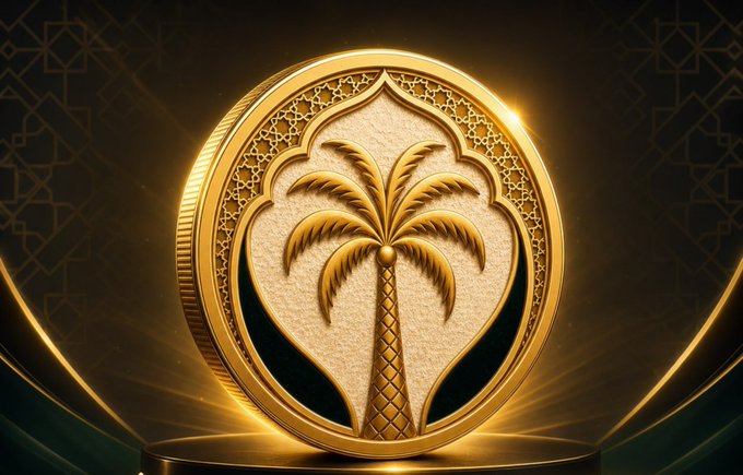 A gleaming gold coin featuring an ornate palm tree emblem set within a decorative archway, presented against a dark backdrop with golden Islamic geometric patterns. The coin's luxurious design and Arabic-inspired motif visually reinforce the $TANSIQ cryptocurrency's Middle Eastern branding, symbolizing wealth and growth as the project urges continued accumulation before broader discussion emerges.