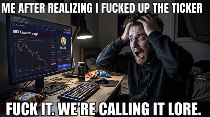 A meme showing a man screaming while holding his head in front of a computer monitor displaying a stock chart, with text reading "ME AFTER REALIZING I FUCKED UP THE TICKER" and "FUCK IT. WE'RE CALLING IT LORE."