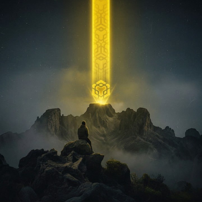 A figure sits atop a rocky mountain, gazing at a glowing beam of yellow light projecting a cube-like symbol, likely representing a cryptocurrency, from a peak. This imagery connects to the post by visually symbolizing the search for a life-changing memecoin on BNB Chain.