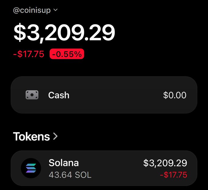 This image shows a cryptocurrency wallet balance of $3,209.29 in Solana (43.64 SOL), which relates to the post's request to drop a Solana address.