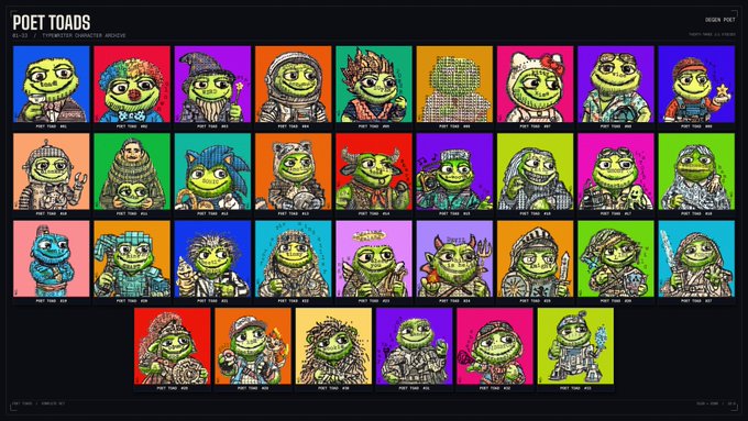 A grid titled 'POET TOADS RS-01 / TYPOGRAPHER CHARACTER ARCHIVE' displaying 31 colorful pixel-art toad characters with 'POET TOAD' labels underneath each.