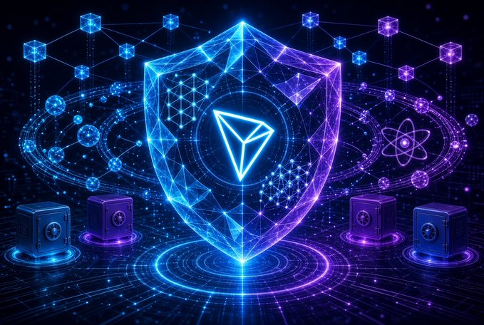 A futuristic digital illustration featuring a glowing blue and purple shield with a central geometric logo, surrounded by network nodes, holographic cubes, and an atom symbol, with server-like devices at the base in a cyber/tech aesthetic.
