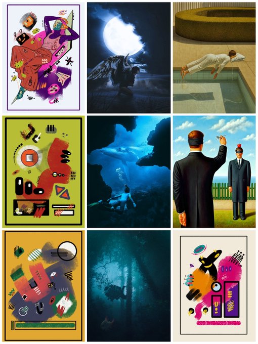 A 3x3 grid collage of surrealist and abstract artworks in various styles, featuring dreamlike figures, abstract compositions, and underwater scenes.