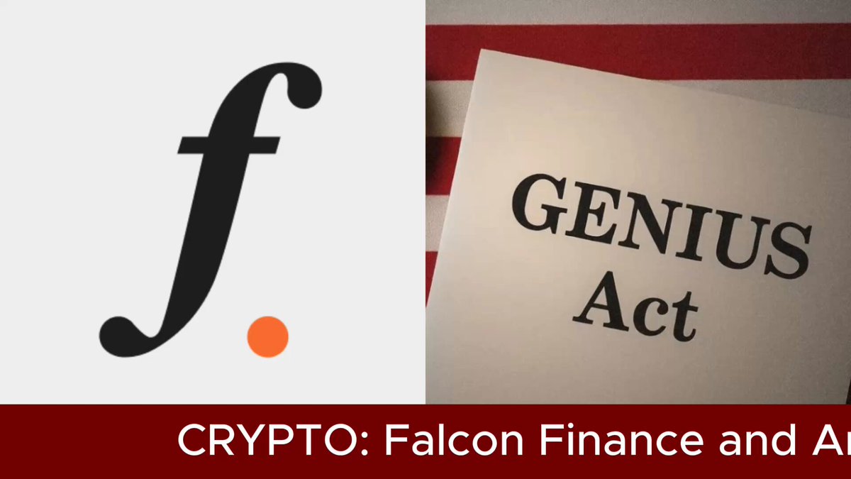 The image features two posters side-by-side against a gray background. The top poster displays the word "f" in black, while the bottom poster has the word "GENIUS ACT" written in white letters. Both posters are related to the Falcon Finance company and their new stablecoin called fUSD. The text on the posters indicates that this stablecoin is compliant with the 2025 GENIUS Act, which suggests that it meets certain legal requirements for its use as a currency or investment.