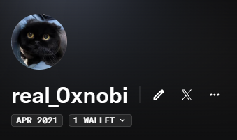 A profile card displays the username "real_0xnobi" with a black cat avatar, alongside an X (Twitter) icon and indicators showing "APR 2021" and "1 WALLET," reflecting the user's new handle after their original OpenSea name was taken.