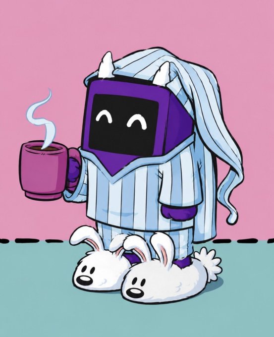 A cartoon illustration shows a robot character in striped pajamas with long flowing hair, happily holding a steaming cup of coffee while wearing bunny slippers, set against a pink background.