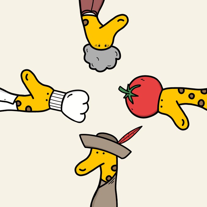 Four cartoon hands with spotted yellow skin are arranged in a circle on a beige background, each displaying a different character: a gray cloud-like face, a white chef's glove, a red tomato, and a brown fedora hat with a red feather.