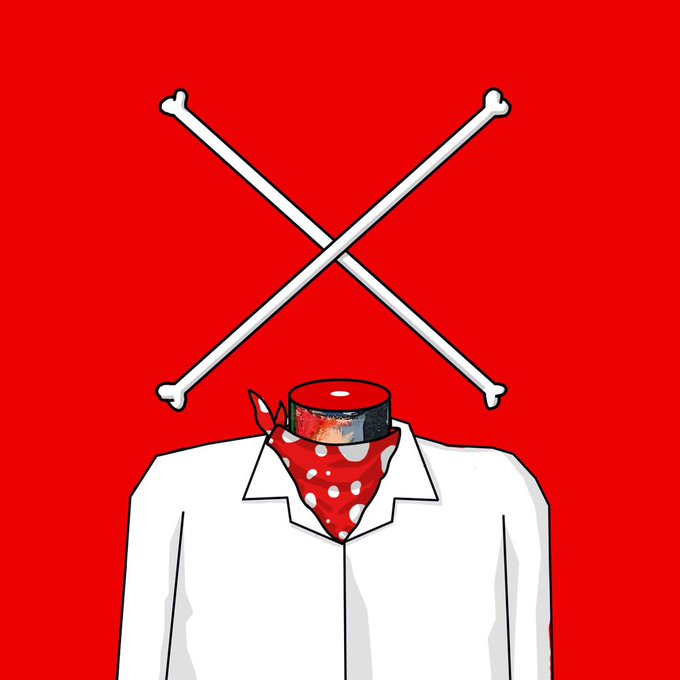 An illustration on a red background showing a headless figure in a white shirt with a red polka-dot bandana where the neck should be, with two crossed white bones forming an X above.