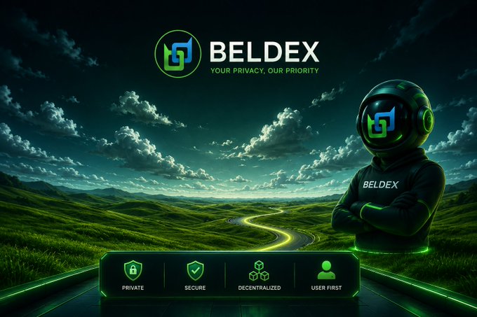 A Beldex cryptocurrency promotional banner with the slogan 'YOUR PRIVACY, OUR PRIORITY' featuring an astronaut in branded gear standing in a green landscape, with icons highlighting 'PRIVATE', 'SECURE', 'DECENTRALIZED', and 'USER FIRST' features.