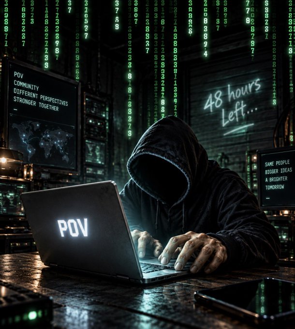 A stylized digital illustration shows a hooded figure typing on a laptop displaying the letters "POV," with cascading green Matrix-style code in the background and floating text reading "POV COMMUNITY DIFFERENT PERSPECTIVES STRONGER TOGETHER," "48 hours Left...," and "SAME PEOPLE BIGGER IDEAS A BRIGHTER TOMORROW."