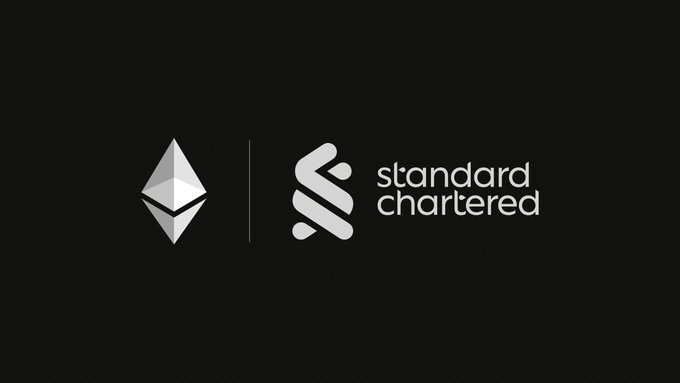 The Standard Chartered logo alongside the Ethereum (ETH) cryptocurrency logo on a dark background.