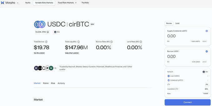 The image shows a Morpho DeFi vault interface for a USDC | cirBTC market on the Arc network, displaying $19.78 total borrows and $147.96M total liquidity, tied to the "happy launch day" celebration for the Morpho protocol's deployment on Arc.
