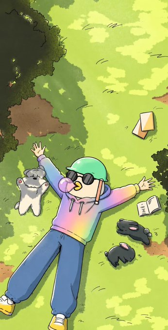 Anime-style illustration of a person in a rainbow hoodie and green cap lying on grass with arms outstretched, accompanied by a small dog and two black cats, with a sandwich and phone nearby.