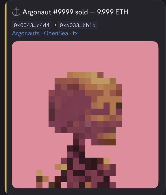 An OpenSea transaction card showing 'Argonaut #9999 sold — 9.999 ETH' with a pixelated reddish-brown character portrait on a pink background.