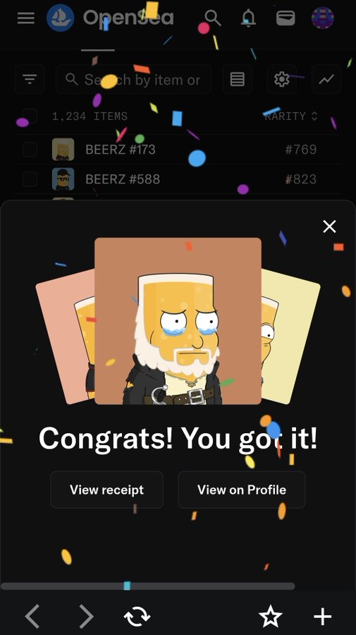 Screenshot of OpenSea NFT marketplace showing a celebratory confetti pop-up with "Congrats! You got it!" after acquiring a BEERZ #173 beer-themed NFT character with a foamy beard.