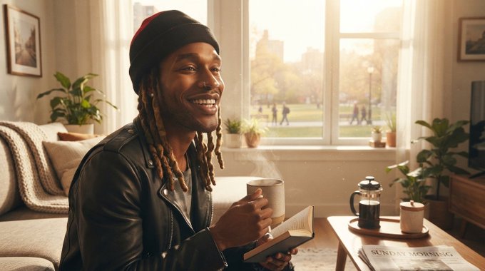 Warm, sunlit photograph of a smiling man wearing a black beanie and leather jacket, holding a steaming mug while reading a book, sitting by a window in a cozy living room.